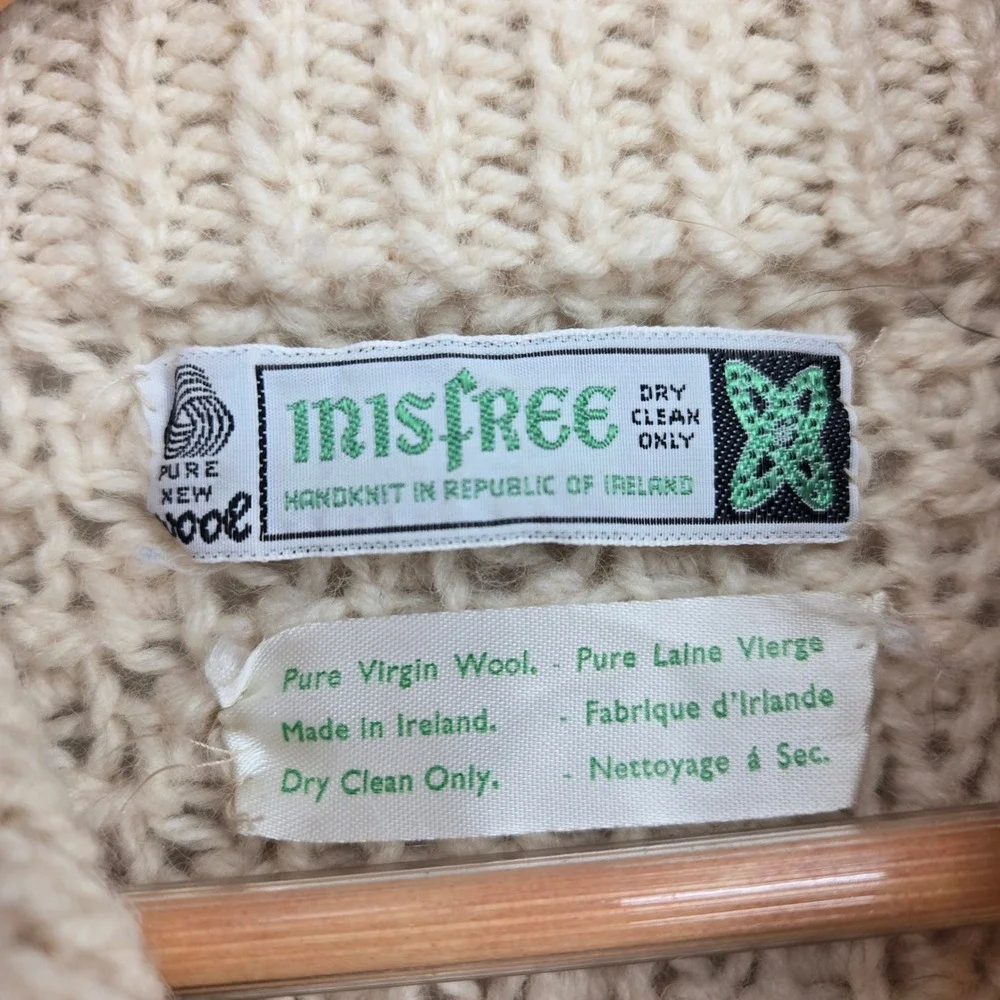 Vintage Womens M-L 100% Wool Irish Aran Sweater Cardigan Hat Combo‎ Cable Knit